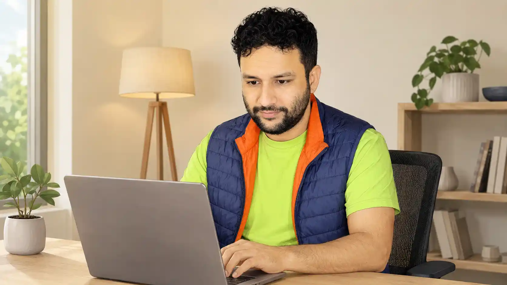 Francisco diante de um notebook em uma mesa de trabalho clara