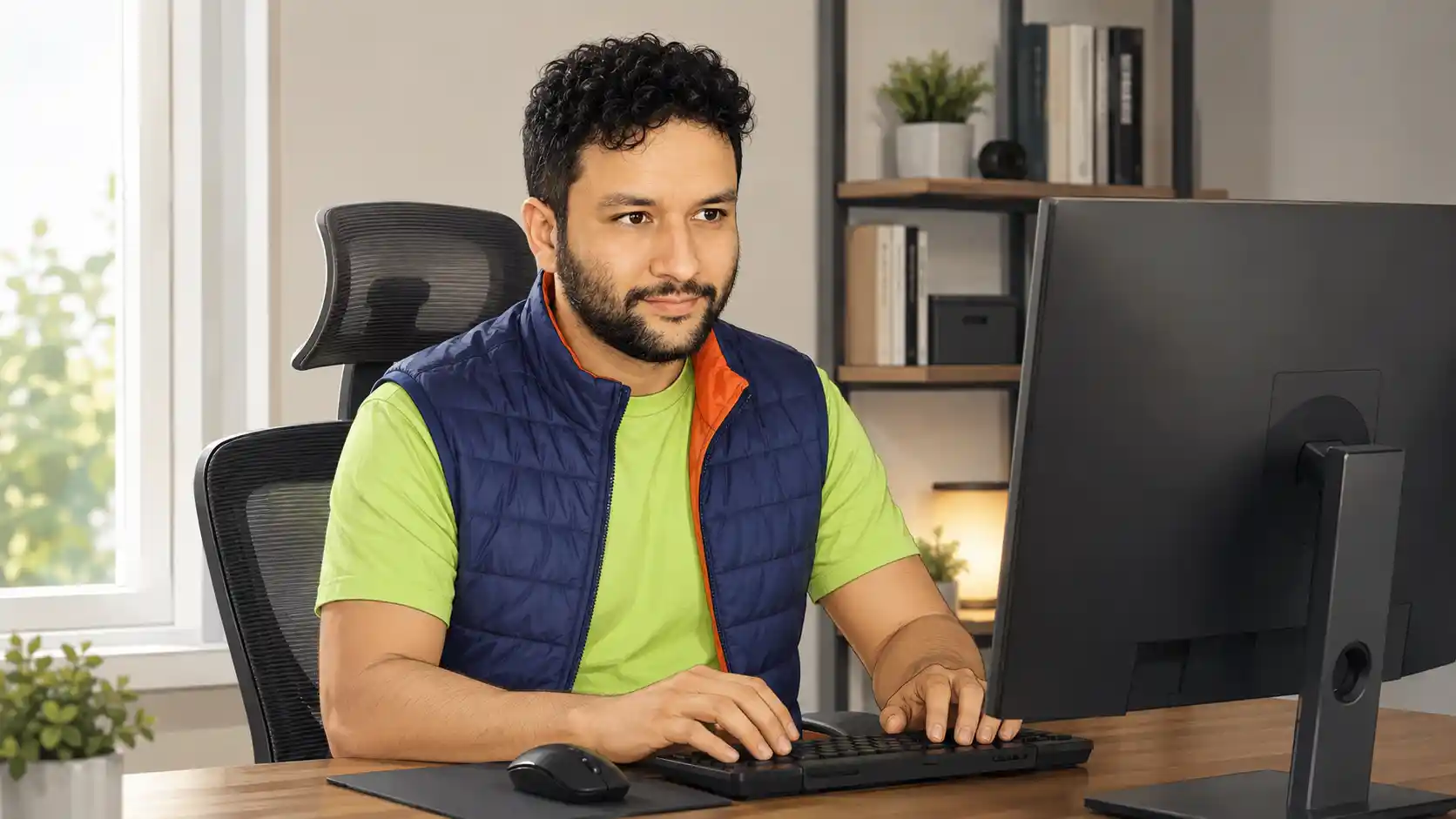 Francisco usando teclado e computador em um escritório iluminado