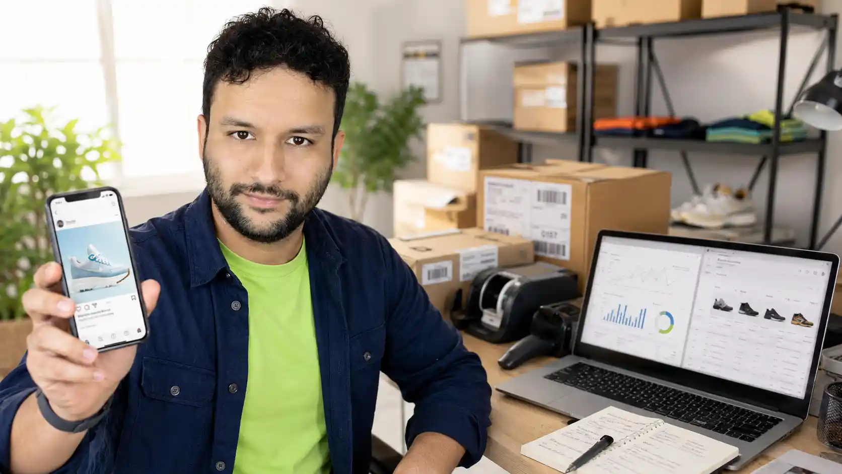 Francisco mostrando anúncio ilustrativo de tênis no celular em uma mesa com notebook