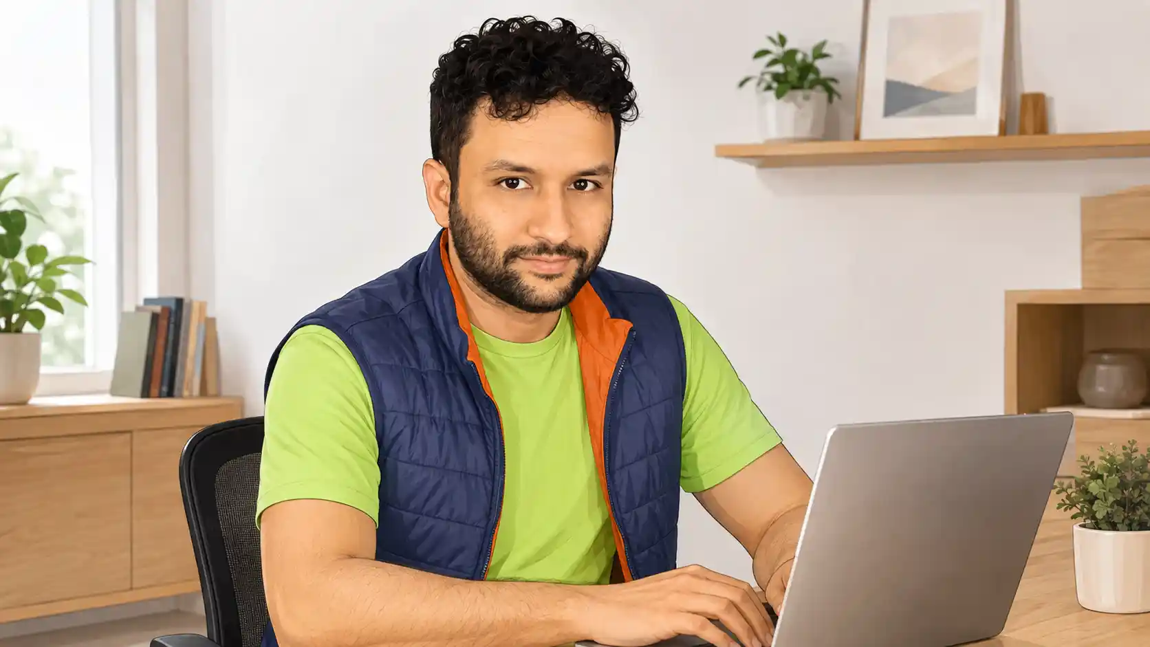 Francisco sentado diante de notebook em ambiente de trabalho iluminado