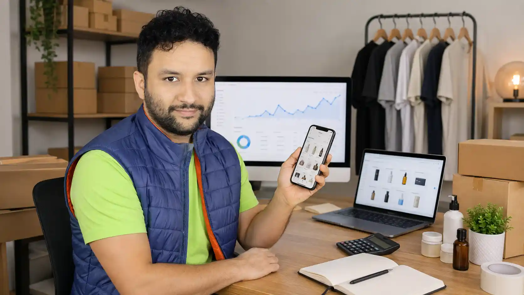 Francisco mostrando catálogo ilustrativo no celular ao lado de notebook e produtos