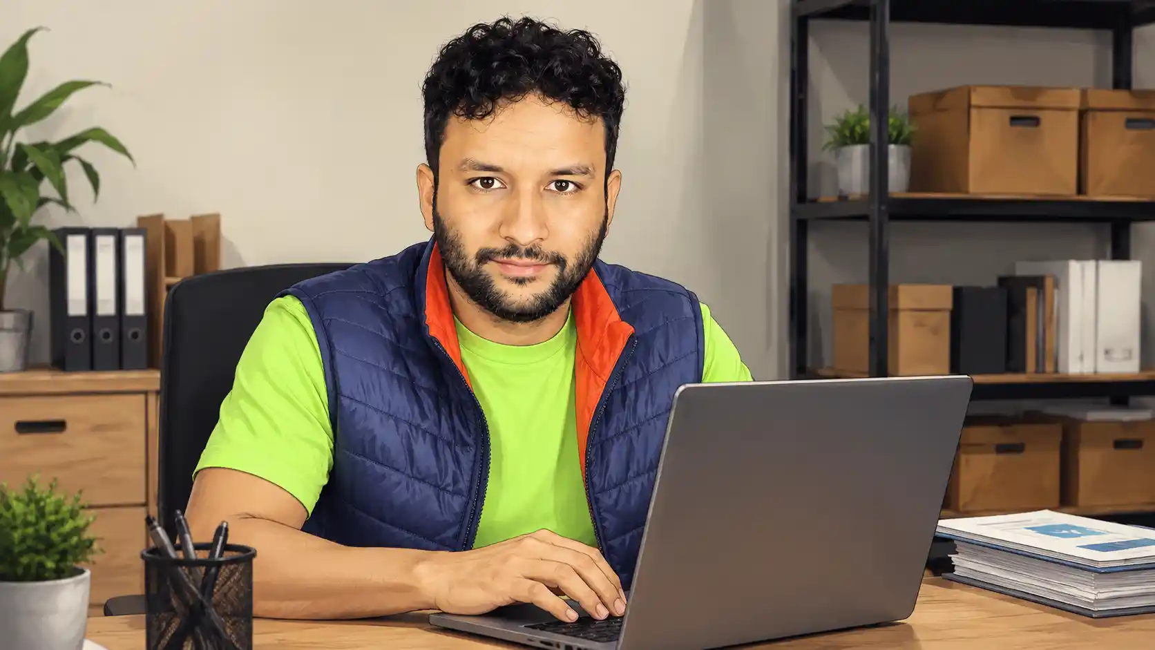 Francisco em frente a notebook, com anotações e documentos sobre a mesa