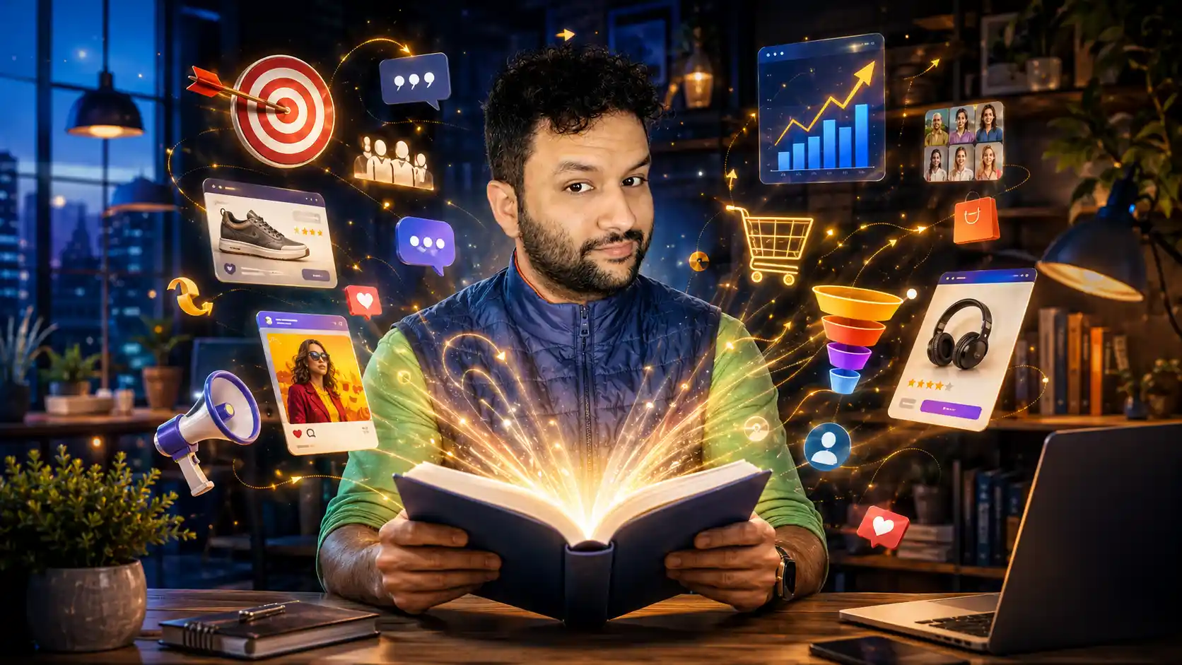 Composição de Francisco com livro, anúncios ilustrativos, funil e elementos de comunicação