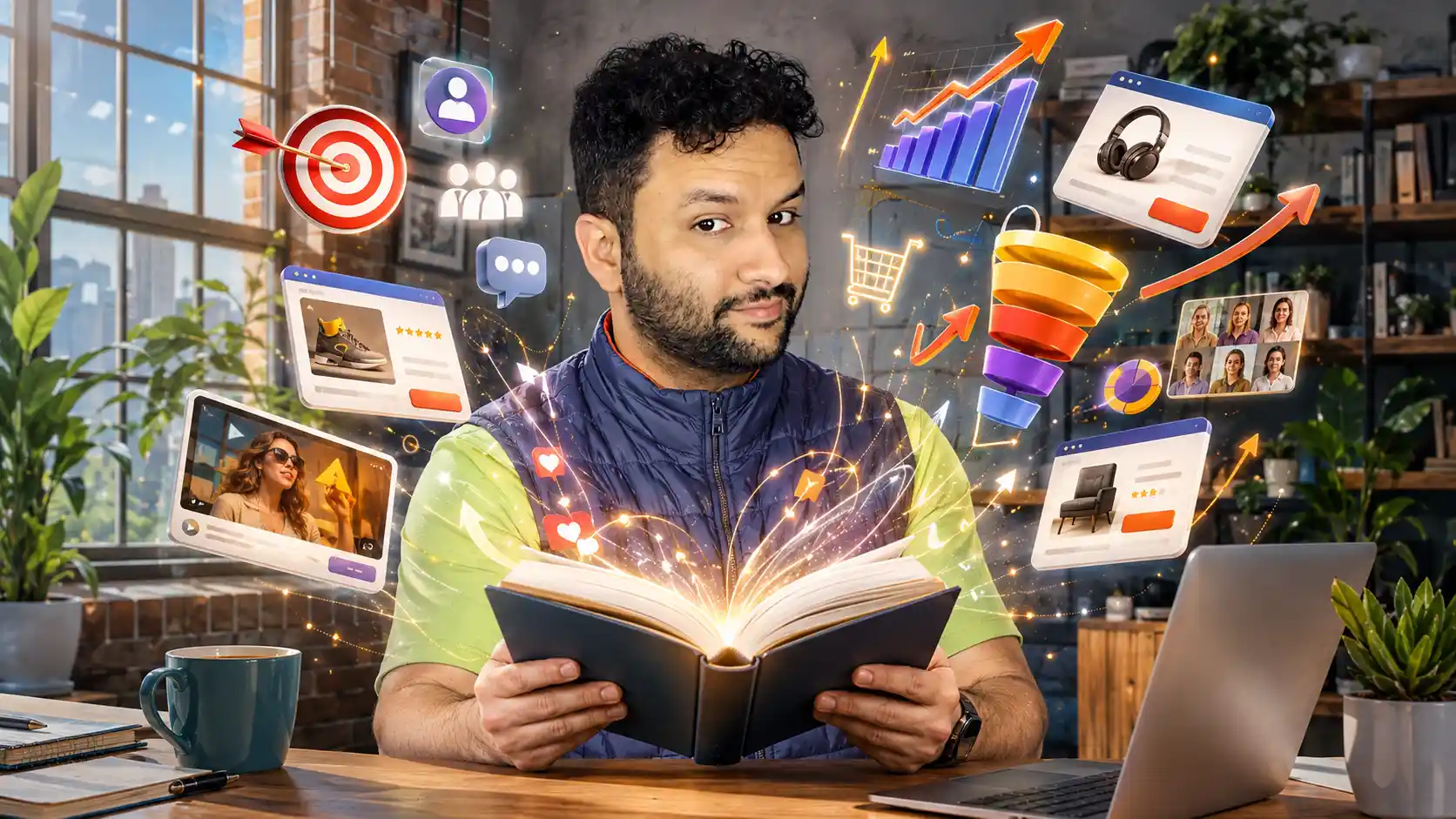 Composição de Francisco com livro e elementos ilustrativos de anúncios, canais e funil