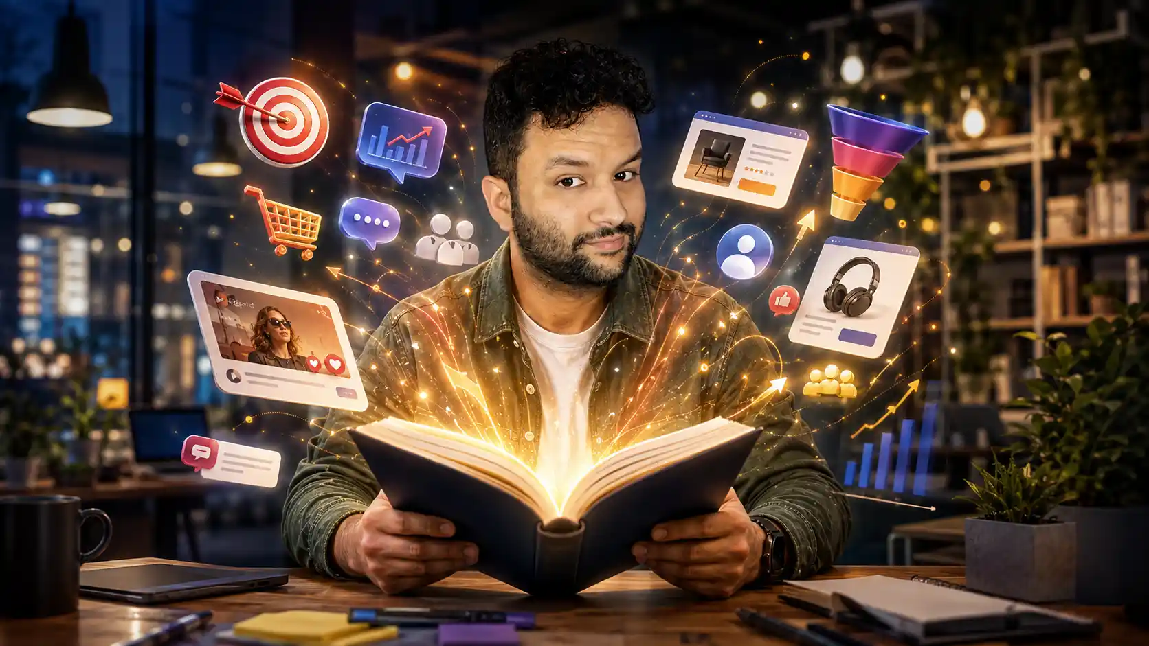 Composição de Francisco com livro aberto e símbolos ilustrativos de estratégia de marketing