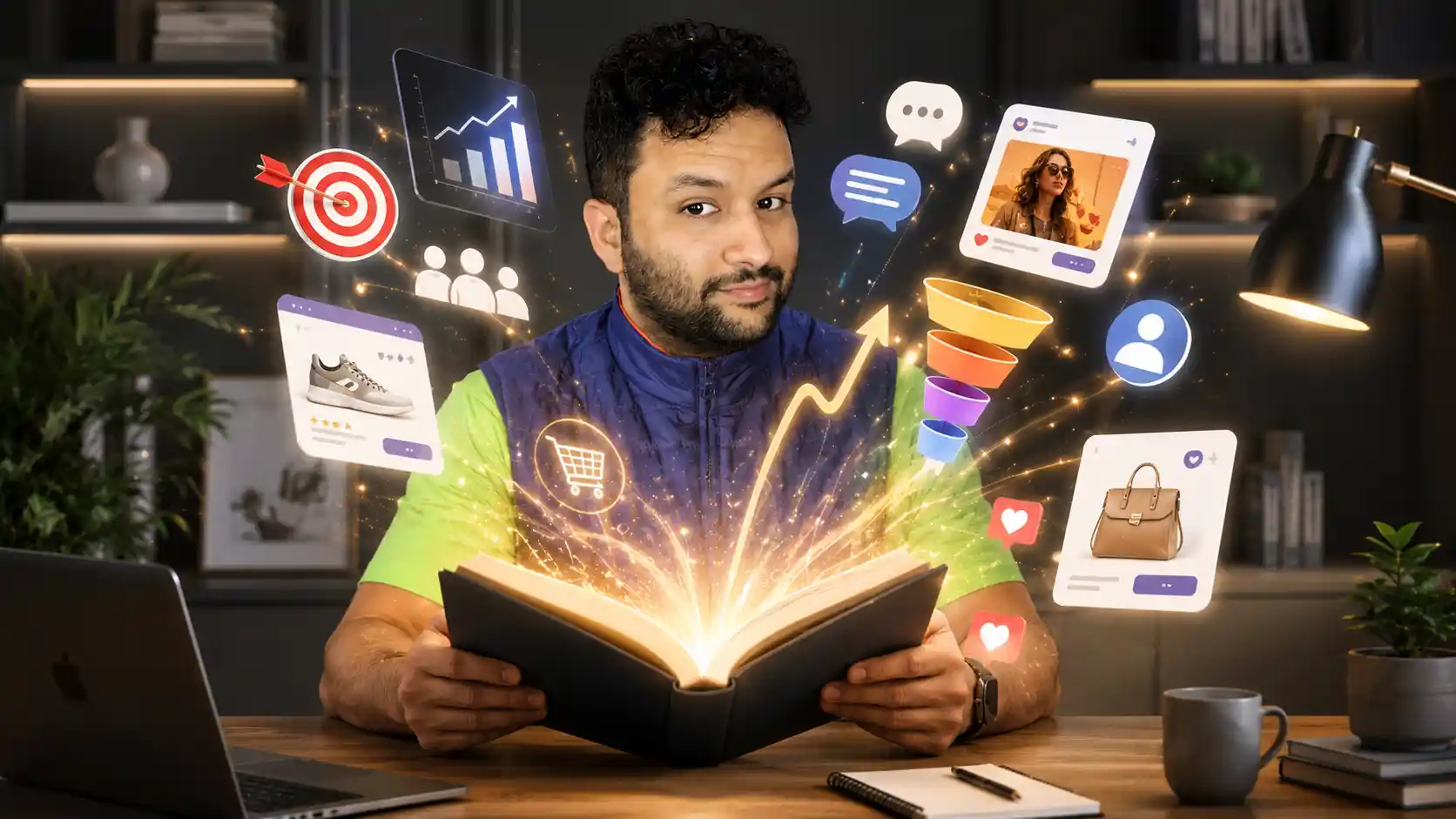 Composição de Francisco com livro aberto e elementos ilustrativos de publicidade e produtos