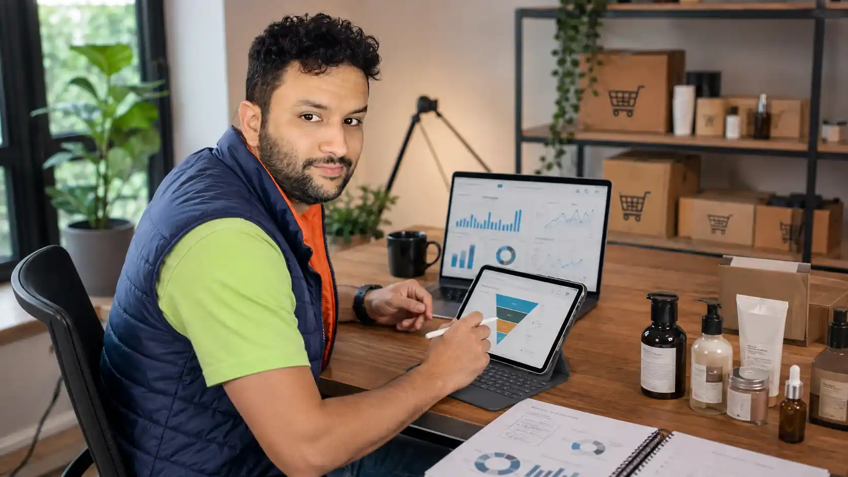 Francisco apontando um funil ilustrativo no tablet com notebook e produtos ao fundo