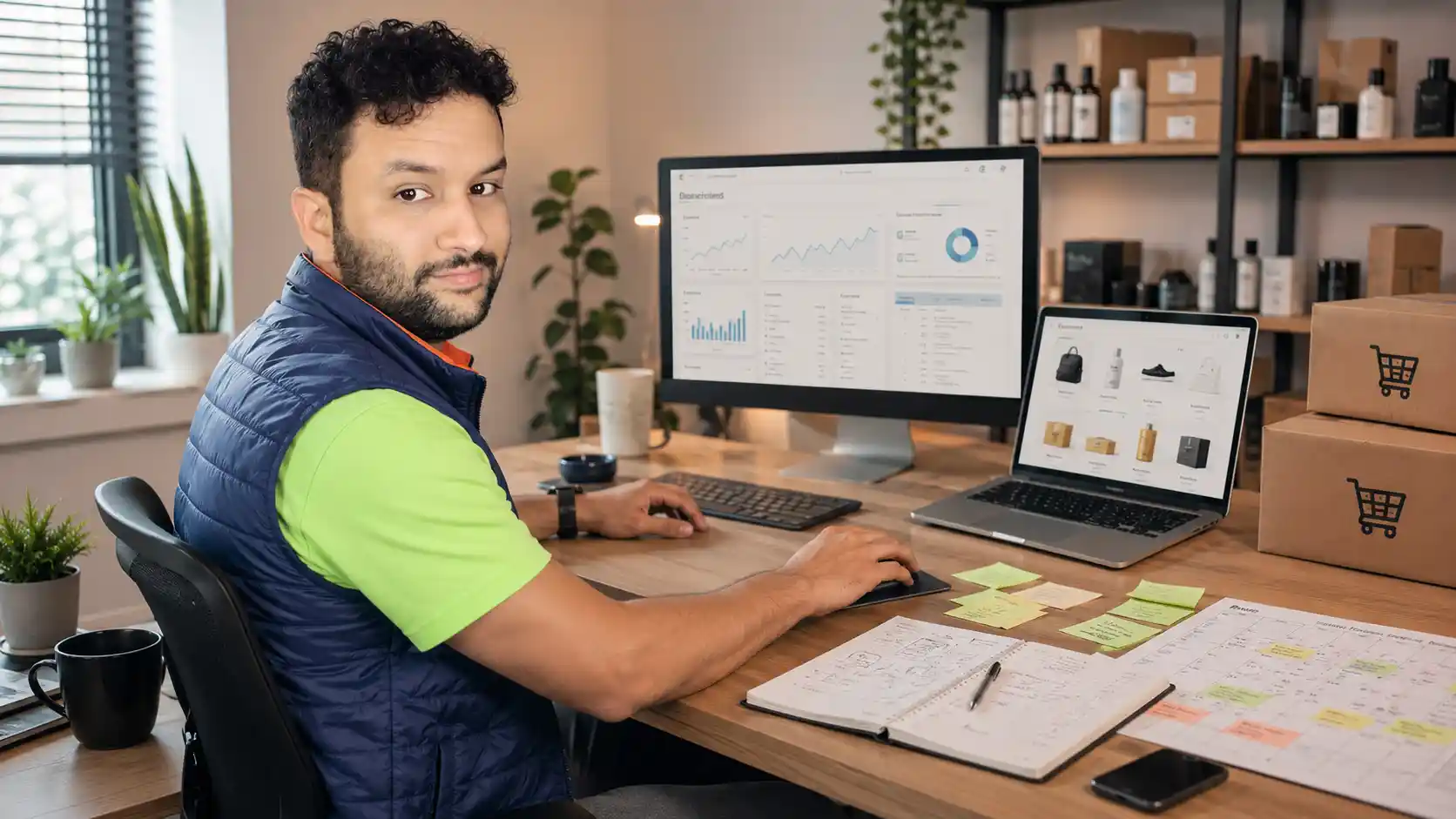 Francisco em mesa com anotações, monitor com gráficos ilustrativos e notebook com produtos