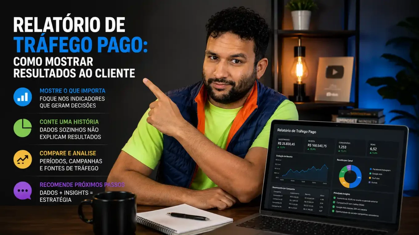 Aprenda como criar um relatório de tráfego pago claro para clientes, mostrar investimento, retorno, funil, gargalos e oportunidades de crescimento.
