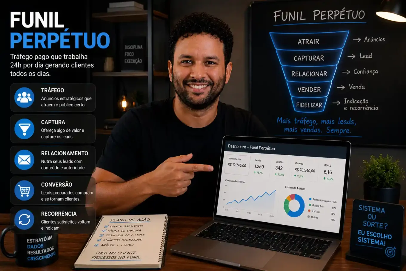 Aprenda como estruturar tráfego pago para funil perpétuo com captação de leads, e-mails, remarketing e campanhas para vendas recorrentes.
