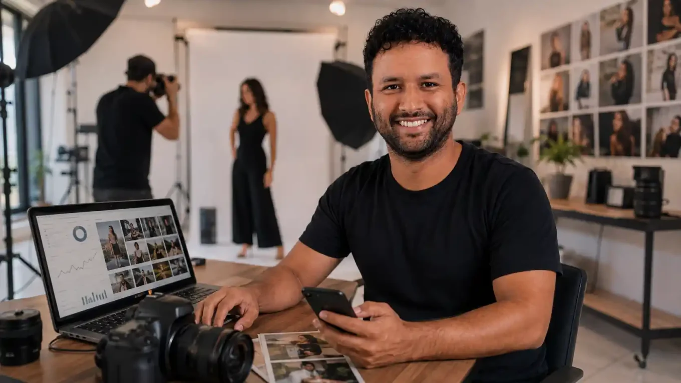 Fotógrafo analisando estratégia de tráfego pago para conquistar clientes