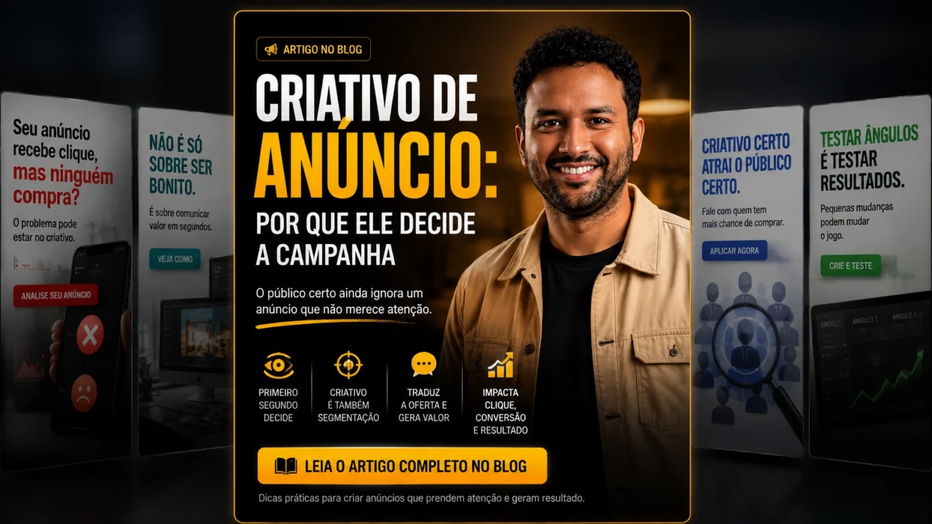 Criativo de anúncio com imagem, texto e chamada para ação em campanha paga