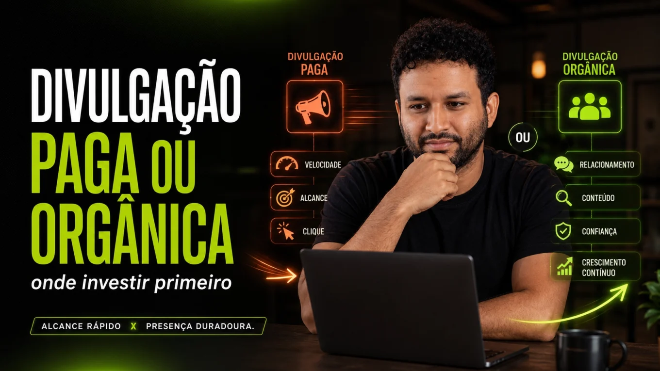Divulgação paga ou orgânica comparada por prazo, custo e confiança