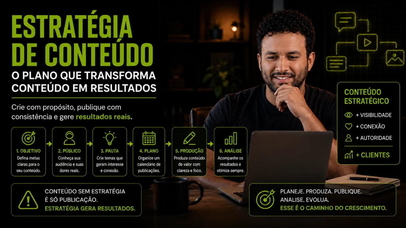 Estratégia de conteúdo com público, promessa e direção antes da frequência