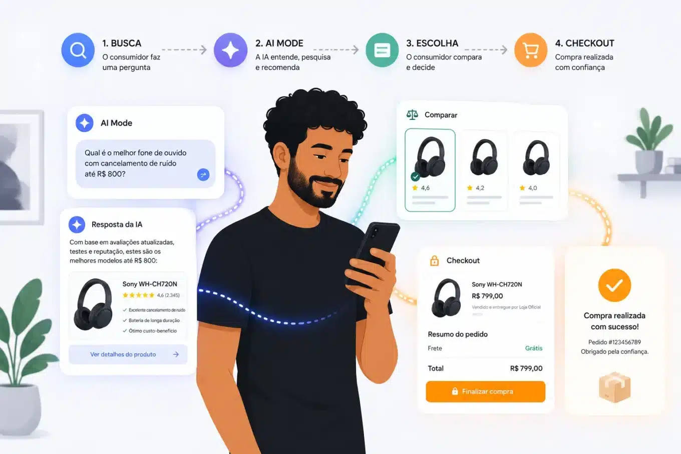 AI Mode e jornada do consumidor com busca conversacional, carrinho e checkout assistido