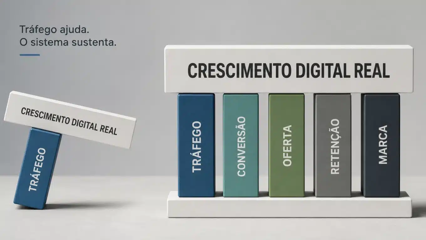 Sistema de crescimento digital conectando aquisição, conversão, retenção e marca