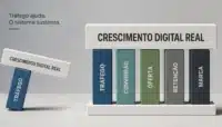 Sistema de crescimento digital conectando aquisição, conversão, retenção e marca
