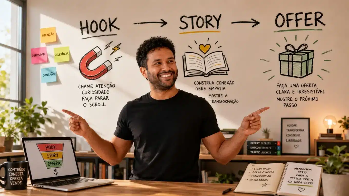 Russell Brunson popularizou o Hook, Story, Offer em funis de venda. Veja como a lógica funciona no ClickFunnels, em anúncios, páginas e e-mails.