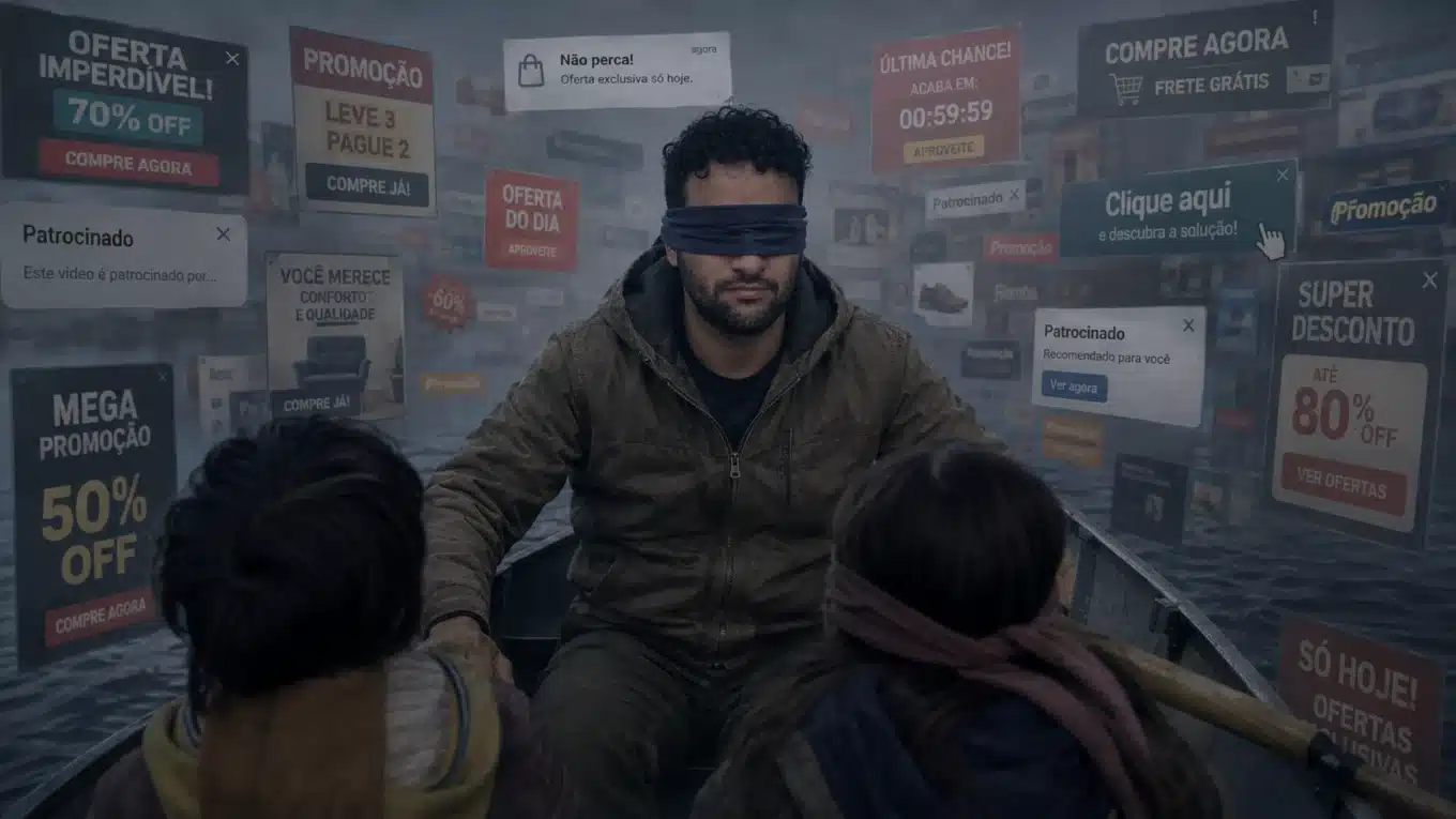 Banner blindness mostrando anúncios ignorados em meio ao conteúdo digital