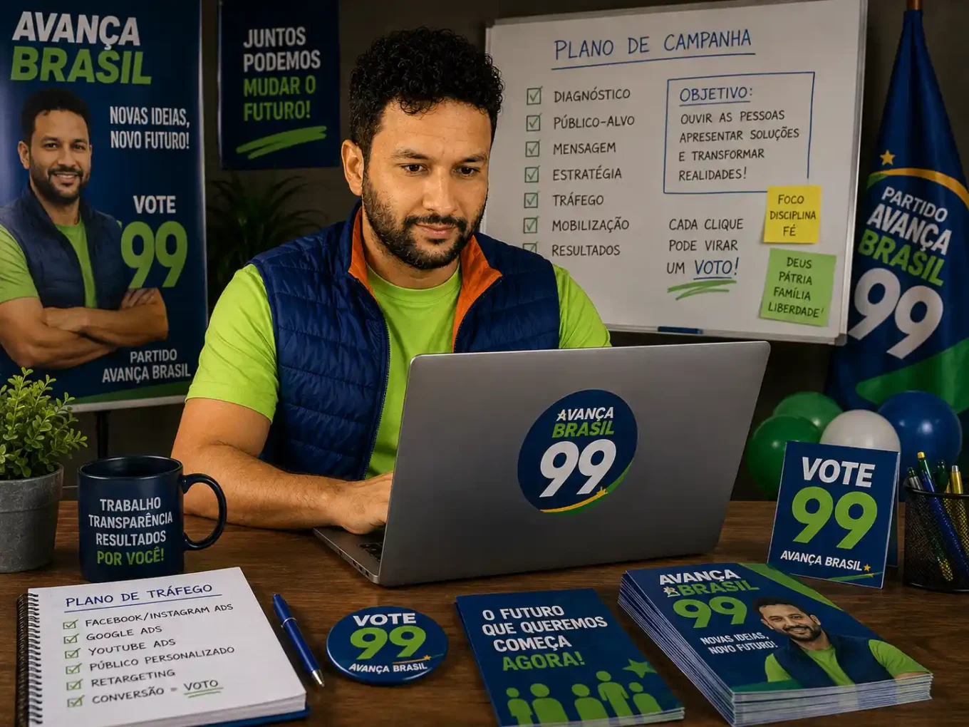 Entenda como estruturar tráfego pago para campanhas políticas com planejamento, precificação, compliance, criativos, operação, mensuração e gestão de equipe.